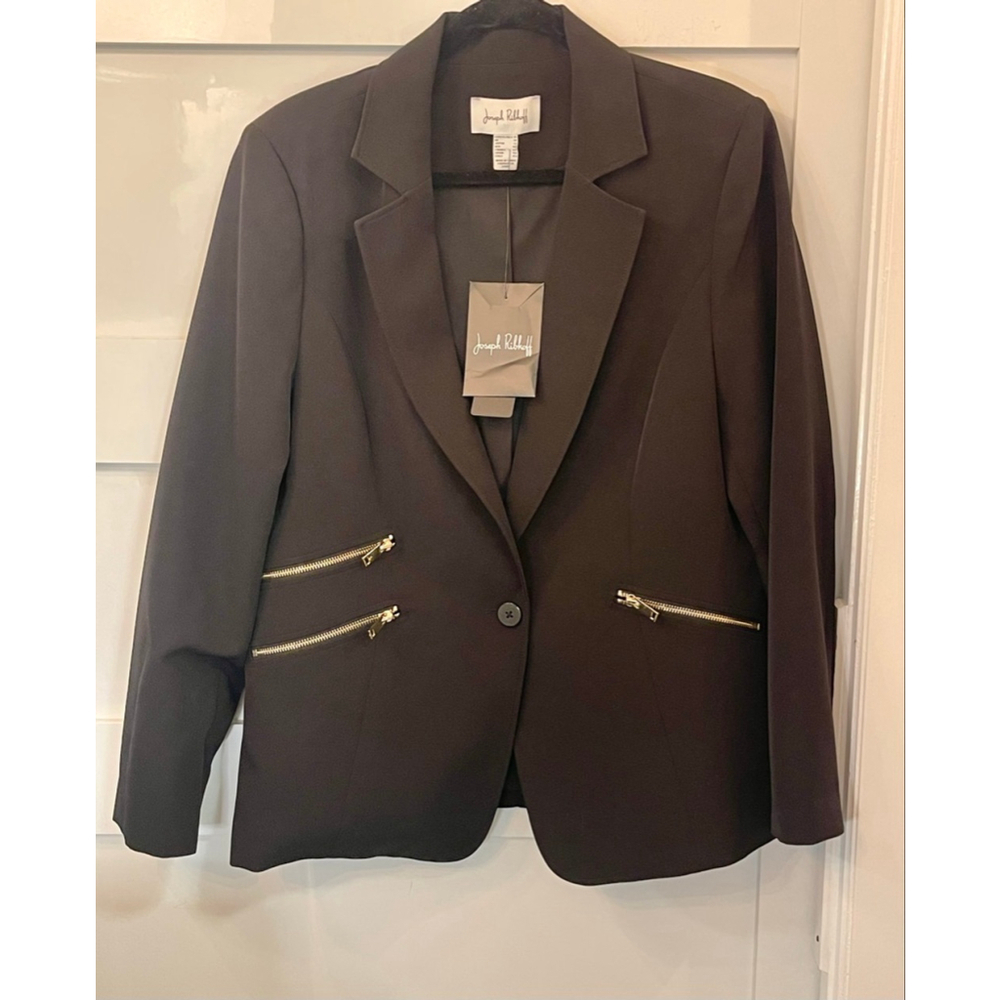 Joseph Ribkoff Black Blazer Gold Zip Pockets Tailored Jacket NWT US 14